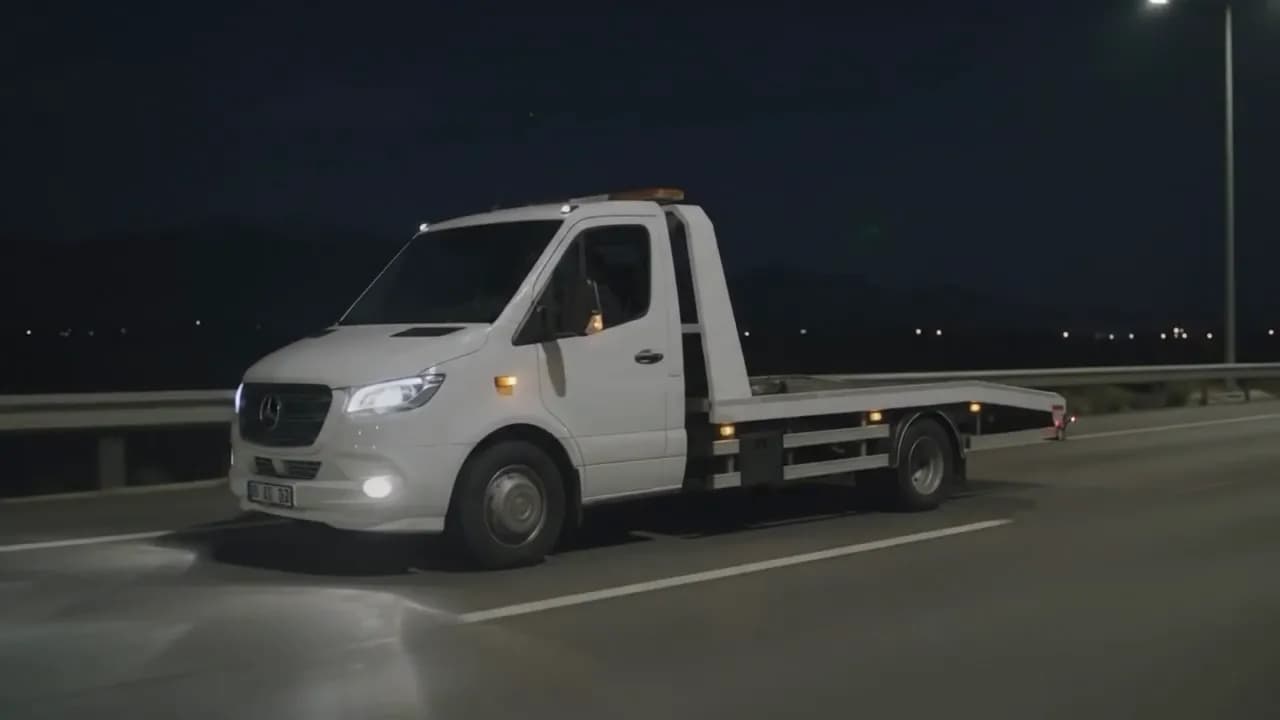 Gece yolda ilerleyen beyaz platformlu çekici